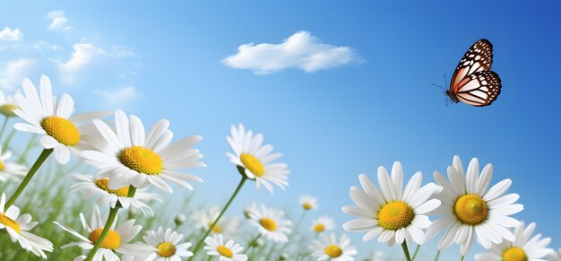 Foto weiße gänseblümchen und schmetterlinge in der blumenwiese im stil poetischer pastoraler szenen realistische blaue himmel