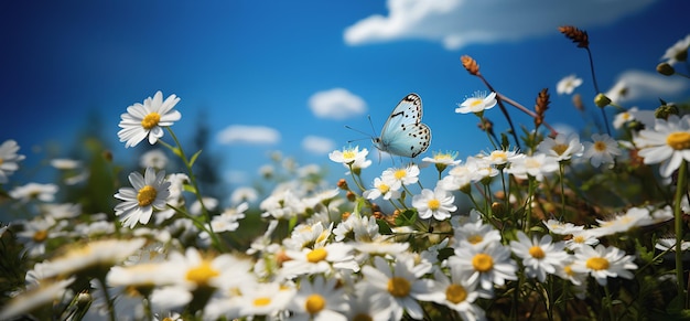 Foto weiße gänseblümchen und schmetterlinge in der blumenwiese im stil poetischer pastoraler szenen realistische blaue himmel