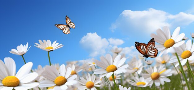 weiße Gänseblümchen und Schmetterlinge in der Blumenwiese im Stil poetischer pastoraler Szenen realistische blaue Himmel