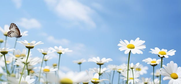 weiße Gänseblümchen und Schmetterlinge in der Blumenwiese im Stil poetischer pastoraler Szenen realistische blaue Himmel