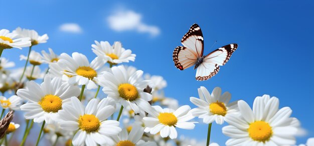 Foto weiße gänseblümchen und schmetterlinge in der blumenwiese im stil poetischer pastoraler szenen realistische blaue himmel