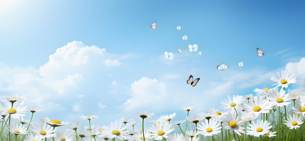 Foto weiße gänseblümchen und schmetterlinge in der blumenwiese im stil poetischer pastoraler szenen realistische blaue himmel