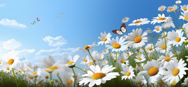 Foto weiße gänseblümchen und schmetterlinge in der blumenwiese im stil poetischer pastoraler szenen realistische blaue himmel