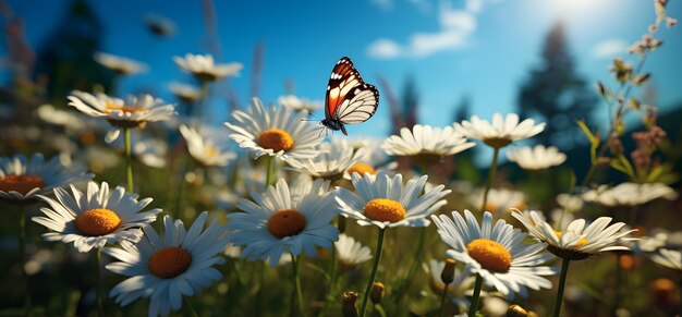 Foto weiße gänseblümchen und schmetterlinge in der blumenwiese im stil poetischer pastoraler szenen realistische blaue himmel