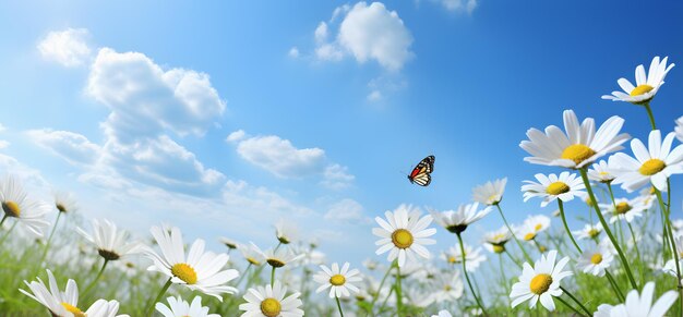 Foto weiße gänseblümchen und schmetterlinge in der blumenwiese im stil poetischer pastoraler szenen realistische blaue himmel