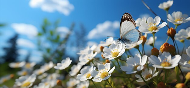 Foto weiße gänseblümchen und schmetterlinge in der blumenwiese im stil poetischer pastoraler szenen realistische blaue himmel
