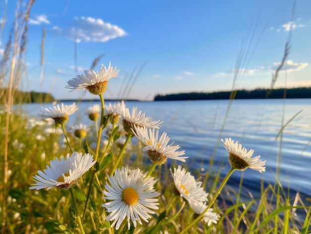 Weiße Gänseblümchen vor einem ruhigen See bei einem ruhigen Sonnenuntergang im Sommer