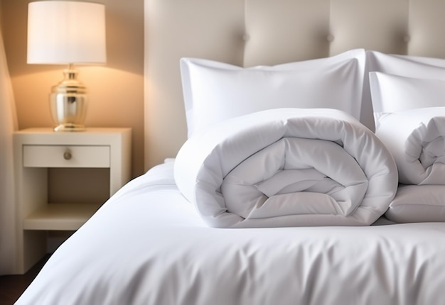 Weiße gefaltete Bettdecke auf weißem Bettgrund