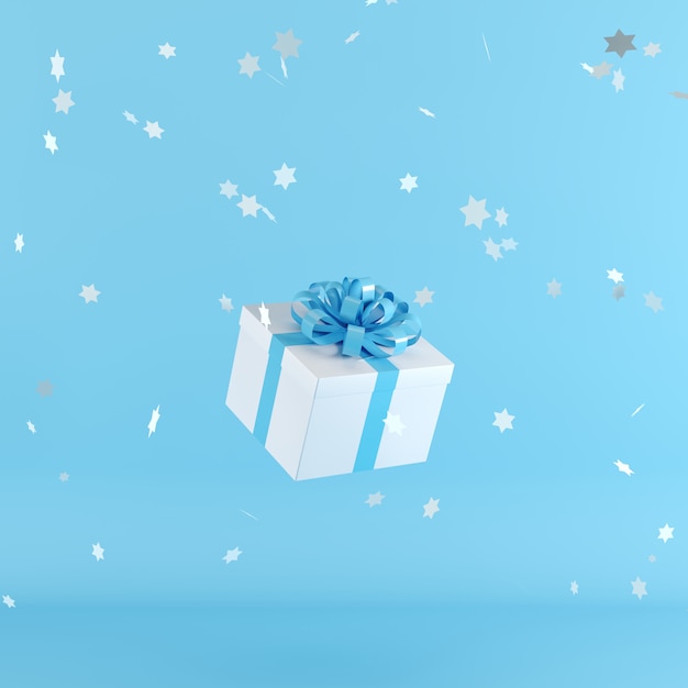 Weiße Geschenkbox mit blauem Band auf blauem Hintergrund
