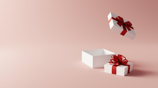 Weiße Geschenkbox mit rotem Band auf rosa Hintergrund 3D-Rendering