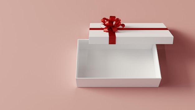 Weiße Geschenkbox mit rotem Band auf rosa Hintergrund 3D-Rendering