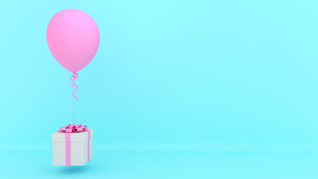 Weiße Geschenkbox mit rotem Band und rosa Ballon auf blauem Hintergrund., Minimales Weihnachts- und Neujahrskonzept., 3D-Rendering.