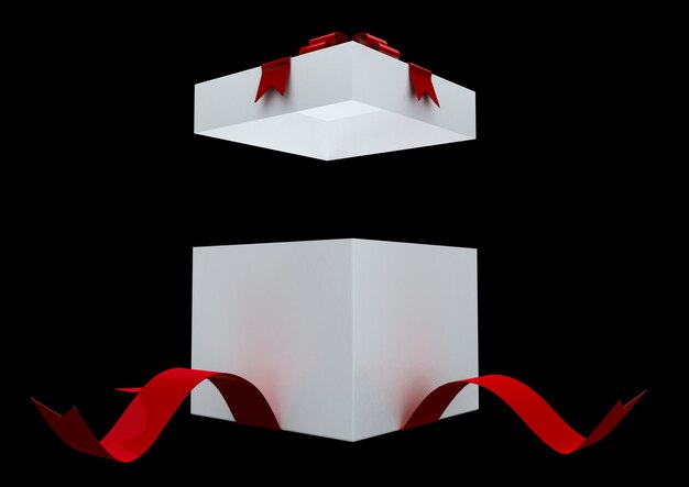 Weiße Geschenkbox mit rotem Bogen und Konfetti lokalisiert auf schwarzem Hintergrund. Überraschungs-Geschenkbox.