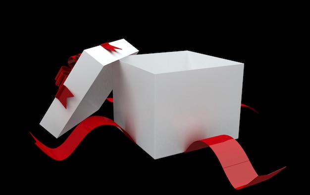 Weiße Geschenkbox mit rotem Bogen und Konfetti lokalisiert auf schwarzem Hintergrund. Überraschungs-Geschenkbox.