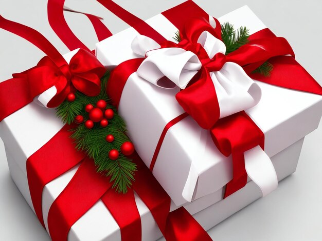 Weiße Geschenkbox mit Schleife auf weihnachtlichem rotem Hintergrund, ai generiert