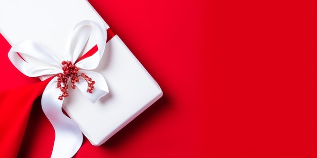 Weiße Geschenkbox mit Schleife auf weihnachtlichem rotem Hintergrund