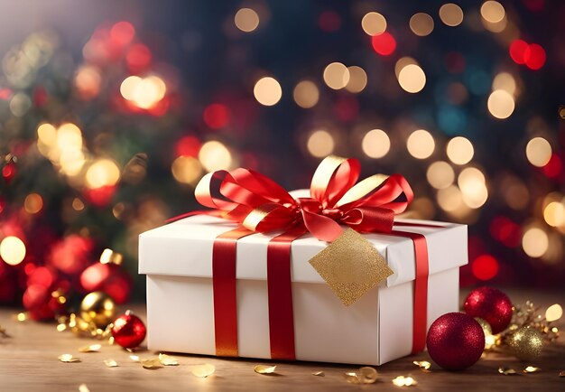 Weiße Geschenkbox mit Weihnachtslicht-Bokeh-Hintergrund