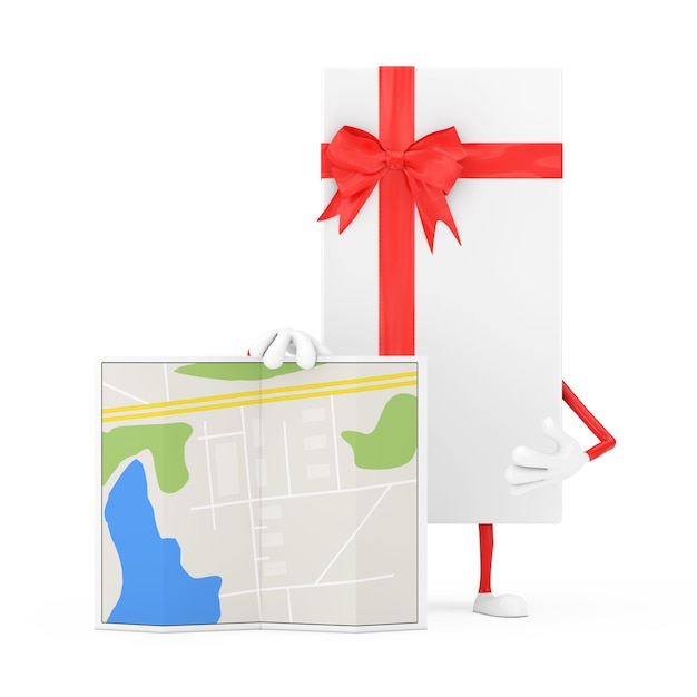 Weiße Geschenkbox und Red Ribbon Character Maskottchen mit abstrakter Plan-Karte auf weißem Hintergrund. 3D-Rendering