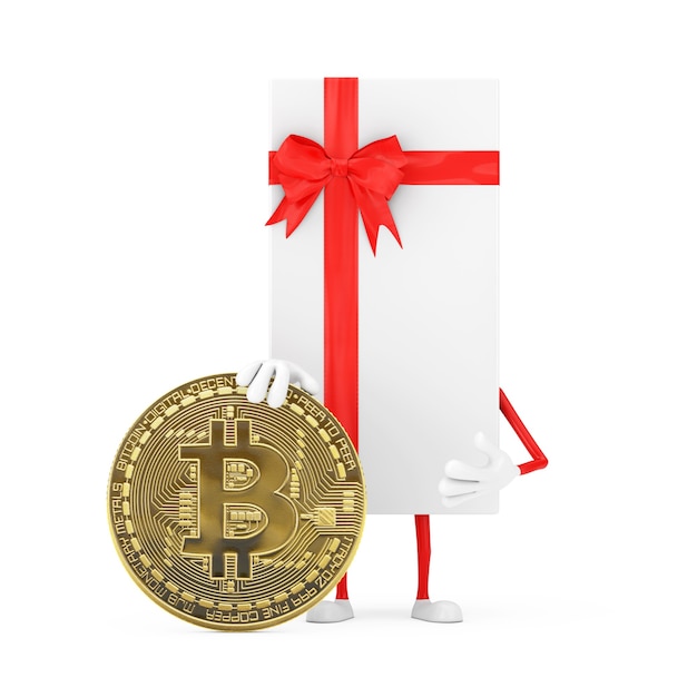 Weiße Geschenkbox und Red Ribbon Character Maskottchen mit Digital und Cryptocurrency Golden Bitcoin Coin auf weißem Hintergrund. 3D-Rendering