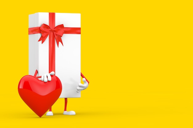 Weiße Geschenkbox und Red Ribbon Character Maskottchen mit rotem Herzen auf gelbem Grund. 3D-Rendering