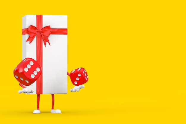 Weiße Geschenkbox und Red Ribbon Character Maskottchen mit roten Spielwürfeln im Flug auf gelbem Hintergrund. 3D-Rendering