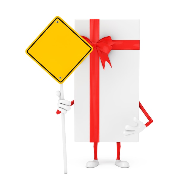 Weiße Geschenkbox und Red Ribbon Character Maskottchen und gelbes Schild mit freiem Platz für Ihr Design auf weißem Hintergrund. 3D-Rendering