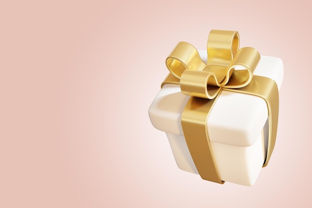Weiße Geschenkkiste mit einem goldenen Bogenband auf einem beige-pastellfarbenen Hintergrund