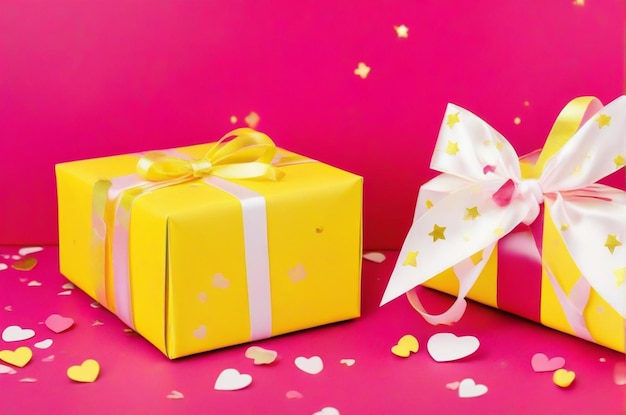 Weiße Geschenkkiste mit rotem Band und rosa Herz auf Gelb mit hellen Party-Streamern und Sternen