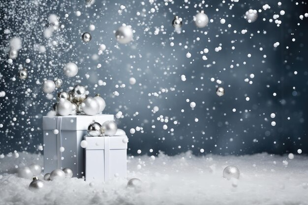 Foto weiße geschenkkisten auf festlichem blauen hintergrund mit winterschnee und weihnachtsbaum-spielzeugkugeln