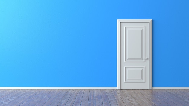 Weiße geschlossene Tür an blauer Wand