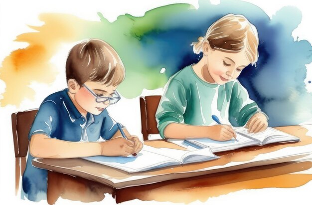 Weiße Geschwister machen zusammen Hausaufgaben am Tisch Aquarell-Illustration Kinderbildung.