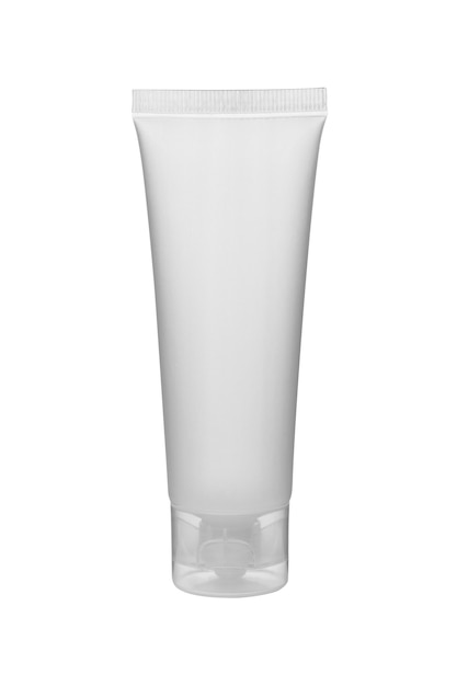 Weiße glänzende Kunststofftube für Medizin oder Kosmetik Cremegel Hautpflege Zahnpasta Realistische Verpackung mit Flip-Top-Abdeckung isoliert auf weißem Hintergrund Dies ist ein Foto mit Beschneidungspfad