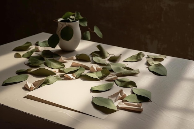 Weiße Grußkarte und Blätter auf einem weißen Tisch im Stil des erdigen Naturalismus