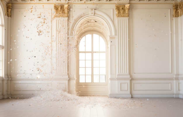 Weiße Halle im modernen klassischen Stil und Luxusbogentür hintergrund mit fallendem Konfetti-Hintergrund