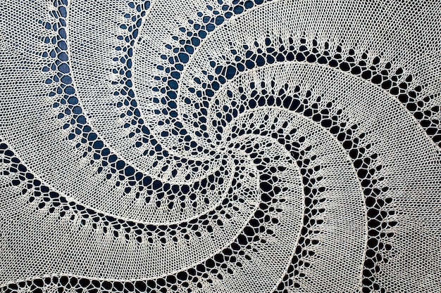 Weiße handgestrickte Spitze auf schwarzer Oberfläche.