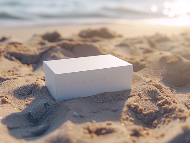 weiße handwerkliche quadratische runde Schachtel auf dem Sand des Strandes in der Nähe des Meereswassers