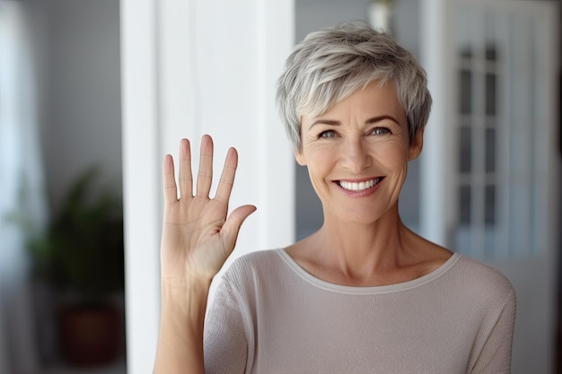 Weiße Hausfrau mit kurzen Haaren, die gut aussieht, die Hände hebt, ein gutes Gesundheitskonzept