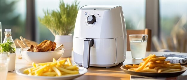 Weiße Heißluftfritteuse oder ölfreies Fritteusengerät auf dem Holztisch mit Küche an der Zementwand