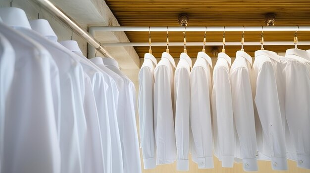 Weiße Hemden hängen an weißen, eingebauten Kleiderständern