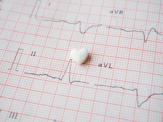 Weiße herzförmige Tablette auf Papier EKG Ergebnisse. Medizinische kardiologische Pille in Form eines Herzens. Das Medikament zur Wiederherstellung der Gesundheit. Medizin- und Gesundheitskonzept.