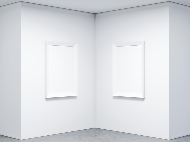 Weiße Holzrahmen Mockup im leeren Galerieraum 3D-Rendering