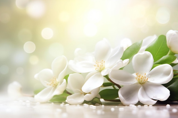 Weiße Jasminblüten mit grünen Blättern auf Bokeh-Hintergrund