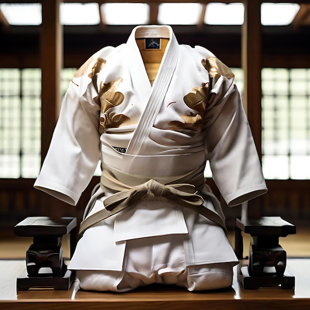 weiße Judo-Standarduniform sorgfältig gefaltet und auf einen von KI erzeugten Holzstand gestellt
