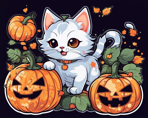 Foto weiße kätzchen mit halloween-kürbissen