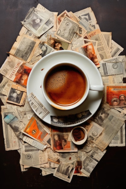 Weiße Kaffeetasse auf einer Zeitung im hohen Winkel