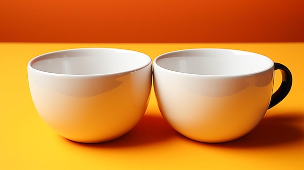 Weiße Kaffeetassen aus Keramik auf einem gelben Tisch