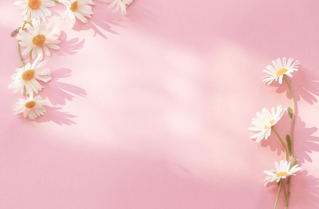 Weiße Kamillenblüten auf rosa Hintergrund im Sonnenlicht