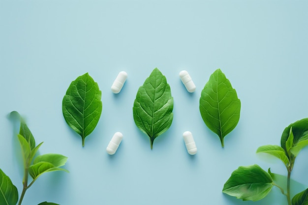 Weiße Kapseln mit grünen Blättern auf blauem Hintergrund mit Kopierraum Pharmazie und Ökologie Thema Pharmazeutika Gesundheitsmedizin pflanzliche Heilmittel organische Pharmazie natürliche Nahrungsergänzungsmittel
