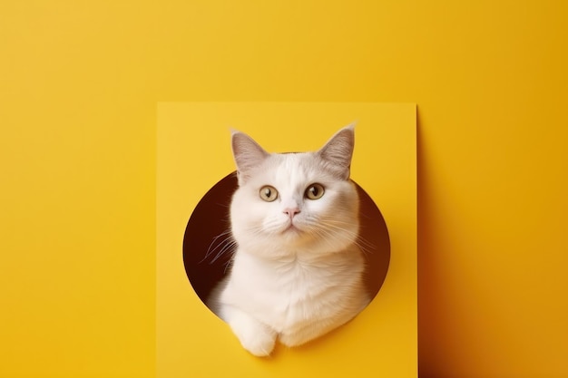 Weiße Katze auf gelbem Hintergrund Platz zum Schreiben gelben Hintergrunds Generative KI