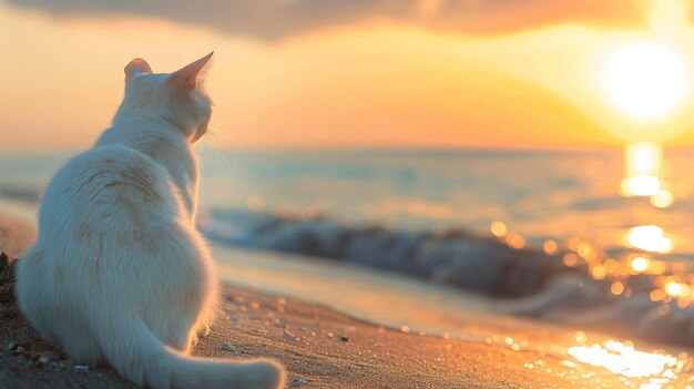 Weiße Katze beobachtet den Sonnenaufgang am blauen Strand